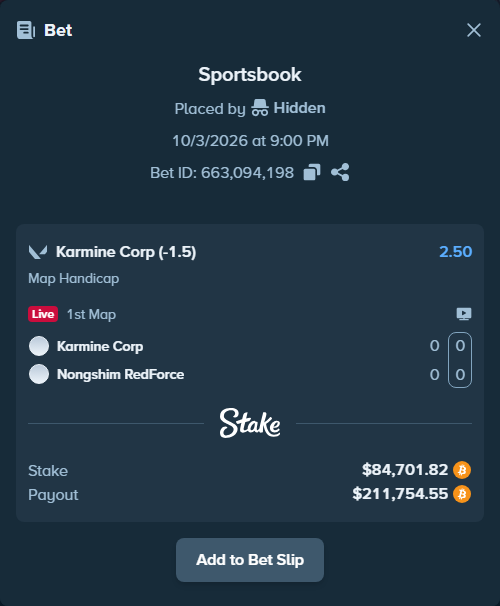 Bet slip: Karmine Corp - Nongshim RedForce, $85,046.85 stake at 2.50 odds, placed by Hidden