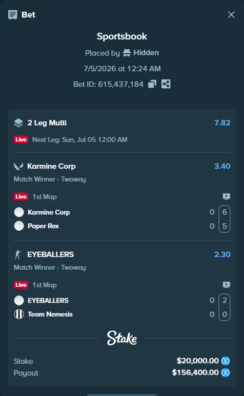 Bet slip: Karmine Corp - Paper Rex, $20,000.00 stake at 3.40 odds, placed by Hidden
