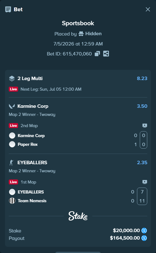 Bet slip: Karmine Corp - Paper Rex, $20,000.00 stake at 3.50 odds, placed by Hidden