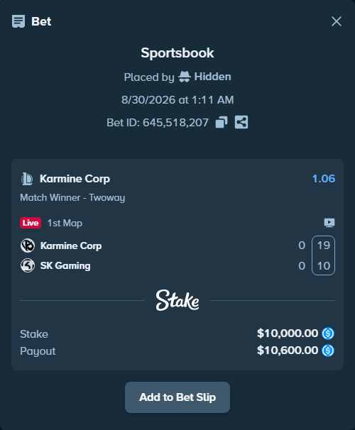 Bet slip: Karmine Corp - SK Gaming, $10,000.00 stake at 1.06 odds, placed by Hidden