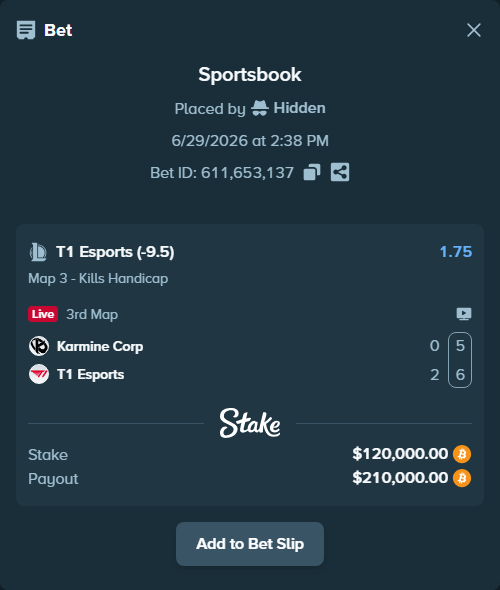 Bet slip: Karmine Corp - T1 Esports, $125,457.60 stake at 1.75 odds, placed by Hidden