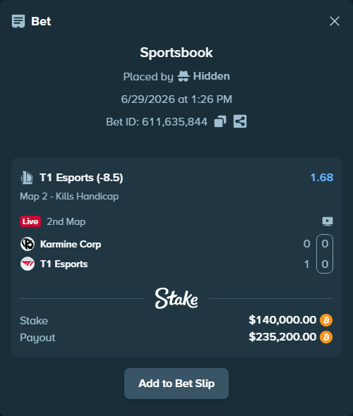 Bet slip: Karmine Corp - T1 Esports, $146,192.32 stake at 1.68 odds, placed by Hidden