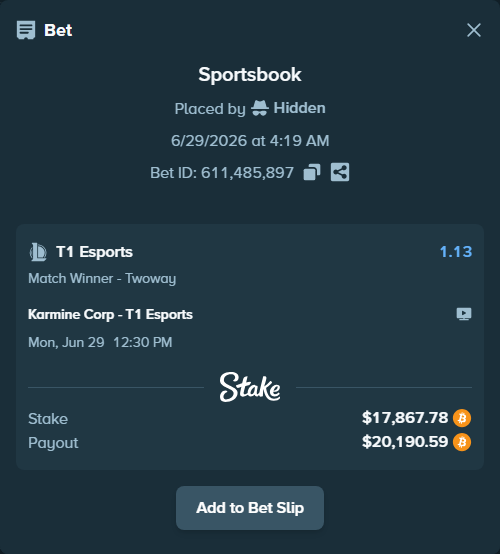 Bet slip: Karmine Corp - T1 Esports, $18,763.20 stake at 1.13 odds, placed by Hidden