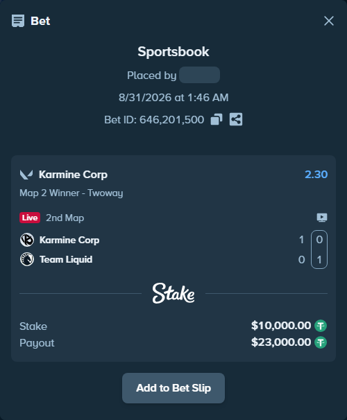 Bet slip: Karmine Corp - Team Liquid, $10,000.00 stake at 2.30 odds, placed by haroldfinchh