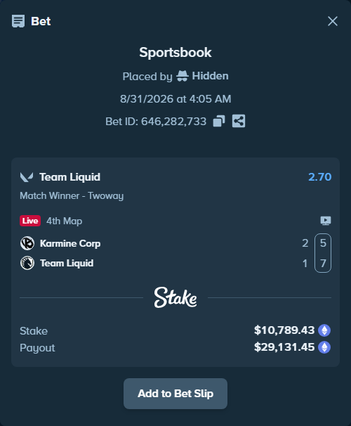 Bet slip: Karmine Corp - Team Liquid, $10,813.29 stake at 2.70 odds, placed by Hidden