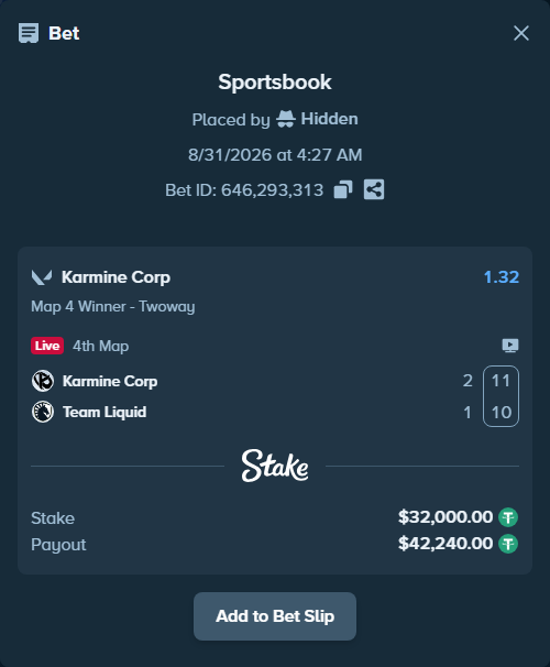 Bet slip: Karmine Corp - Team Liquid, $32,000.00 stake at 1.32 odds, placed by Hidden