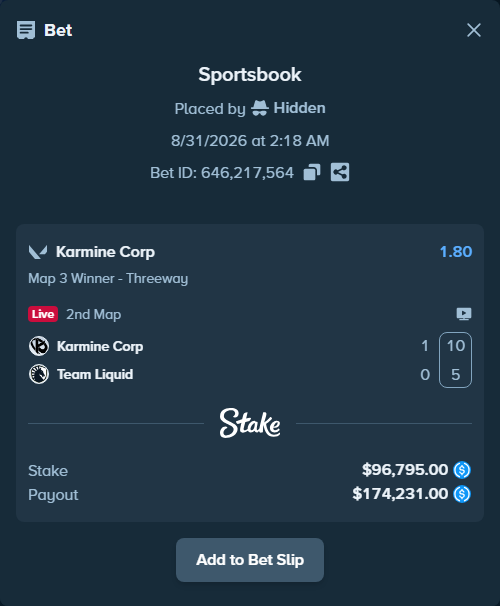 Bet slip: Karmine Corp - Team Liquid, $96,795.00 stake at 1.80 odds, placed by Hidden