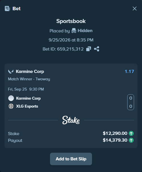 Bet slip: Karmine Corp - XLG Esports, $12,290.00 stake at 1.17 odds, placed by Hidden