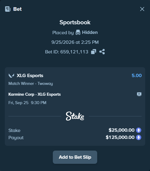 Bet slip: Karmine Corp - XLG Esports, $25,075.12 stake at 5.00 odds, placed by Cabrzy