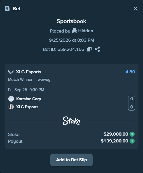 Bet slip: Karmine Corp - XLG Esports, $29,000.00 stake at 4.80 odds, placed by mi6a1