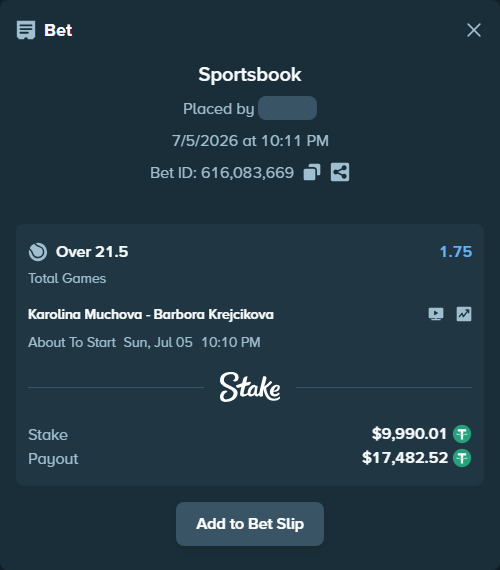 Bet slip: Karolina Muchova - Barbora Krejcikova, $10,000.00 stake at 1.75 odds, placed by Thanoscape