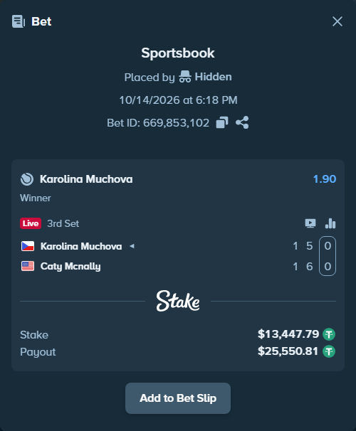 Bet slip: Karolina Muchova - Caty Mcnally, $13,461.24 stake at 1.90 odds, placed by Hidden