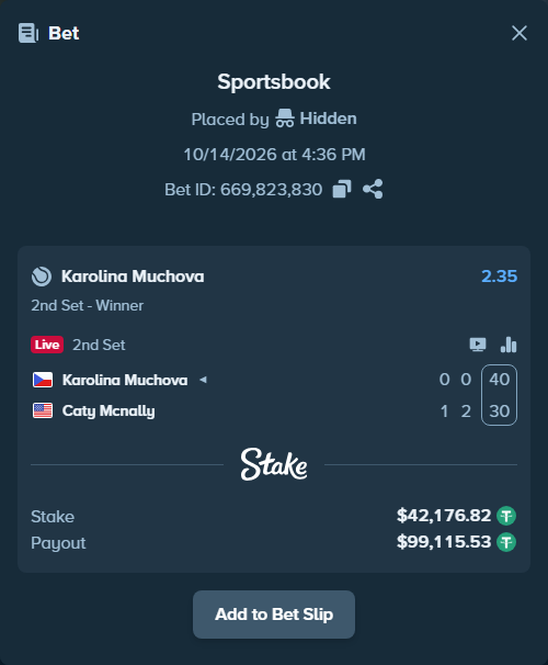 Bet slip: Karolina Muchova - Caty Mcnally, $42,219.00 stake at 2.35 odds, placed by Hidden