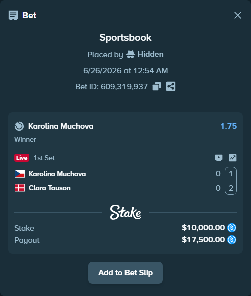Bet slip: Karolina Muchova - Clara Tauson, $10,000.00 stake at 1.75 odds, placed by Hidden