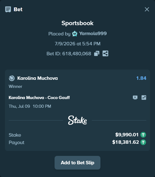 Bet slip: Karolina Muchova - Coco Gauff, $10,000.00 stake at 1.84 odds, placed by Yarmola999