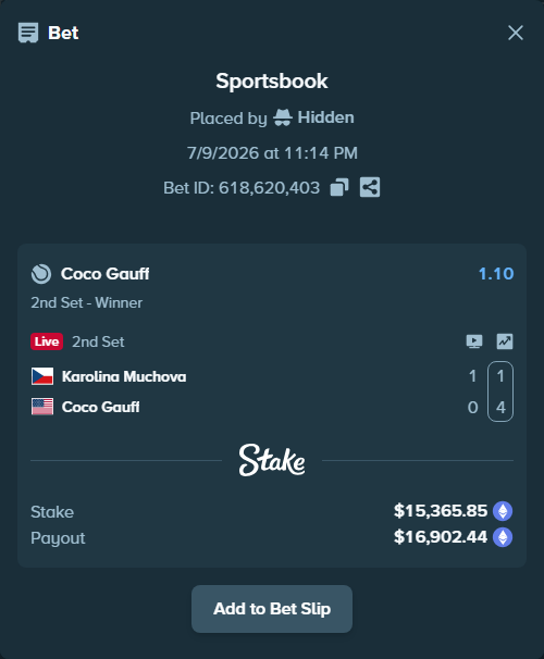 Bet slip: Karolina Muchova - Coco Gauff, $16,779.96 stake at 1.10 odds, placed by Hidden