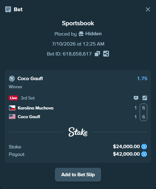 Bet slip: Karolina Muchova - Coco Gauff, $24,000.00 stake at 1.75 odds, placed by Hidden