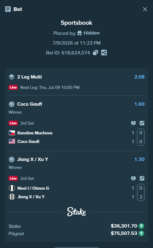 Bet slip: Karolina Muchova - Coco Gauff, $36,338.00 stake at 1.60 odds, placed by Hidden