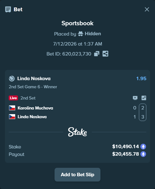 Bet slip: Karolina Muchova - Linda Noskova, $11,034.44 stake at 1.95 odds, placed by Hidden