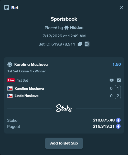 Bet slip: Karolina Muchova - Linda Noskova, $11,414.94 stake at 1.50 odds, placed by Hidden