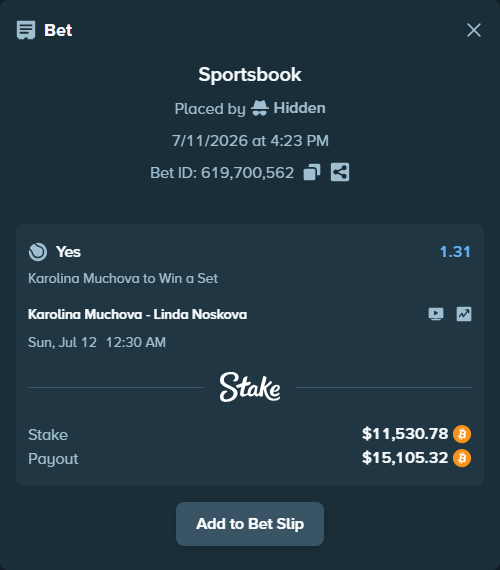 Bet slip: Karolina Muchova - Linda Noskova, $11,555.78 stake at 1.31 odds, placed by Hidden