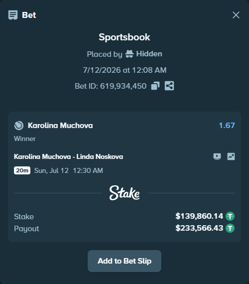Bet slip: Karolina Muchova - Linda Noskova, $140,000.00 stake at 1.67 odds, placed by Hidden