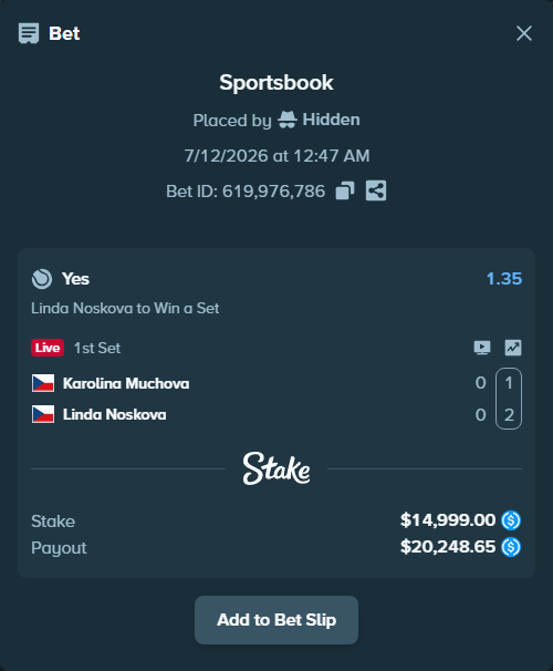 Bet slip: Karolina Muchova - Linda Noskova, $14,999.00 stake at 1.35 odds, placed by Hidden