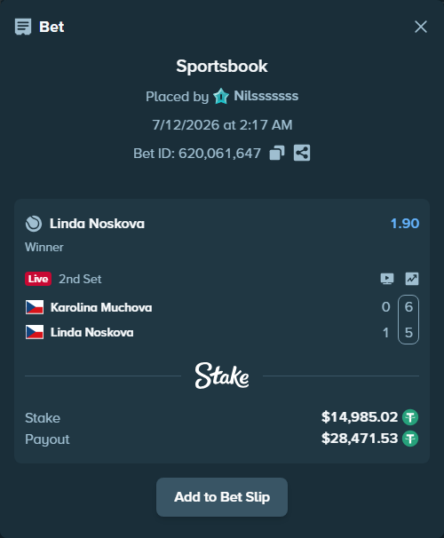 Bet slip: Karolina Muchova - Linda Noskova, $15,000.00 stake at 1.90 odds, placed by Nilsssssss