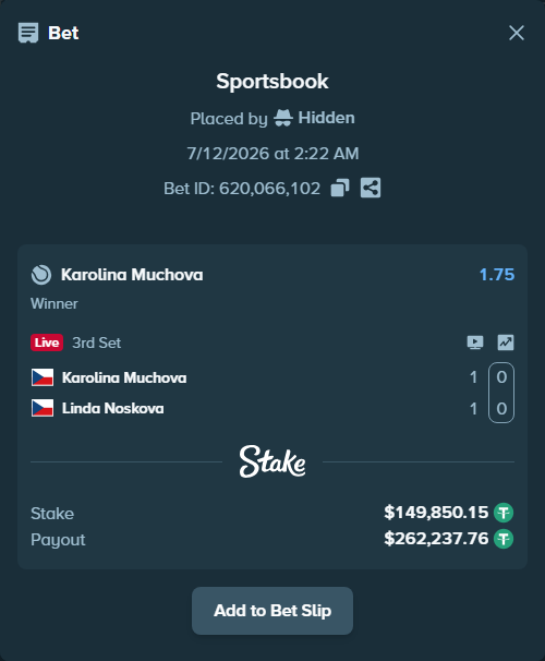 Bet slip: Karolina Muchova - Linda Noskova, $150,000.00 stake at 1.75 odds, placed by Hidden