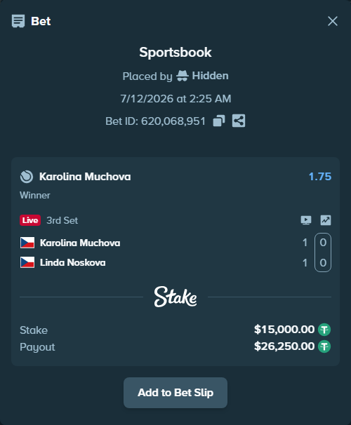 Bet slip: Karolina Muchova - Linda Noskova, $15,015.00 stake at 1.75 odds, placed by Hidden