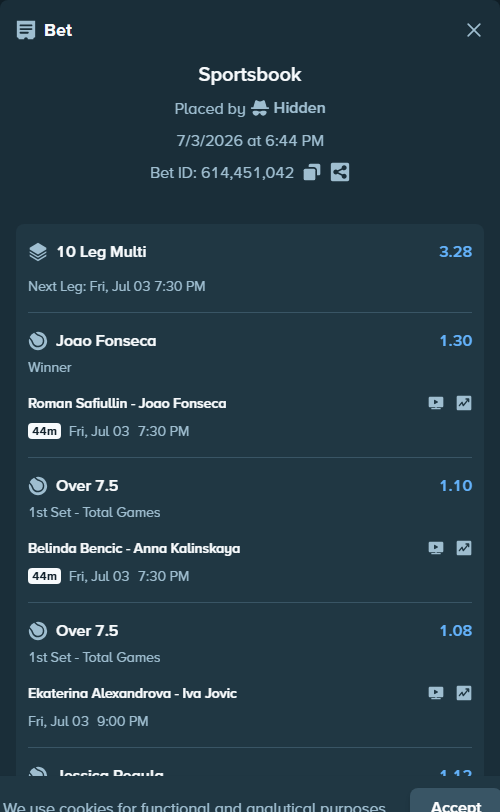 Bet slip: Karolina Muchova - Mananchaya Sawangkaew, $125,125.00 stake at 1.08 odds, placed by Hidden