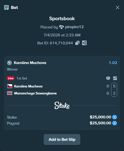 Bet slip: Karolina Muchova - Mananchaya Sawangkaew, $25,000.00 stake at 1.02 odds, placed by piropiro12