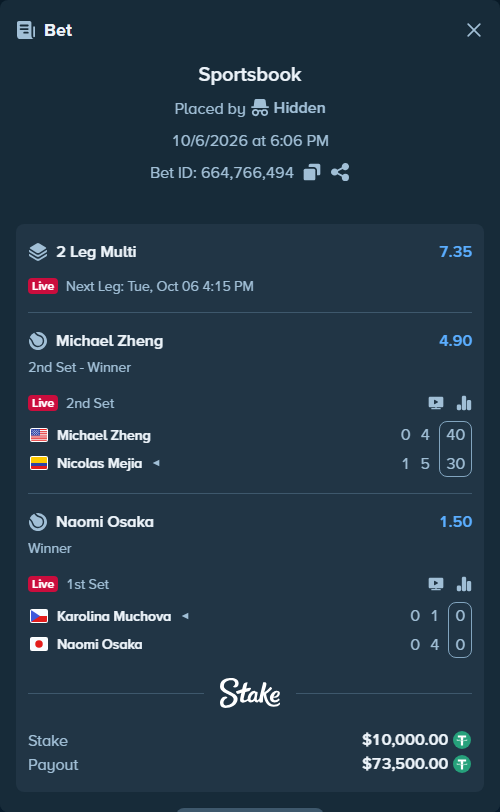 Bet slip: Karolina Muchova - Naomi Osaka, $10,000.00 stake at 1.50 odds, placed by Hidden
