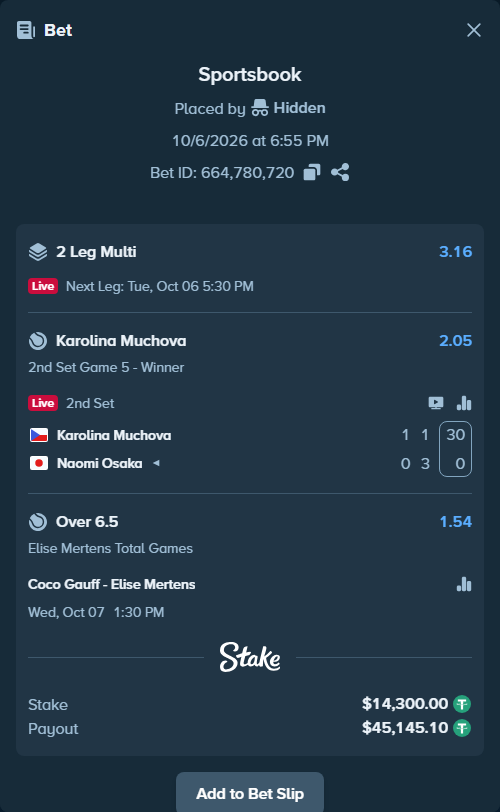 Bet slip: Karolina Muchova - Naomi Osaka, $14,300.00 stake at 2.05 odds, placed by mainTerafit