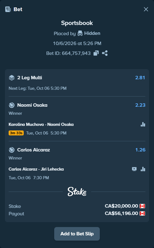 Bet slip: Karolina Muchova - Naomi Osaka, $14,800.00 stake at 2.23 odds, placed by Hidden