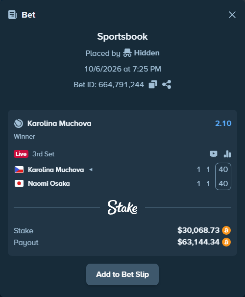 Bet slip: Karolina Muchova - Naomi Osaka, $30,008.65 stake at 2.10 odds, placed by Atte90