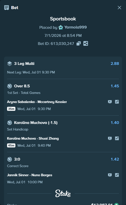 Bet slip: Karolina Muchova - Shuai Zhang, $13,000.00 stake at 1.40 odds, placed by Yarmola999