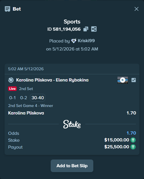 Bet slip: Karolina Pliskova - Elena Rybakina, $15,000.00 stake at 1.70 odds, placed by Kriski99