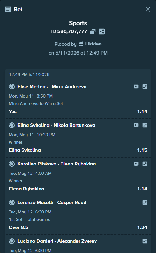 Bet slip: Karolina Pliskova - Elena Rybakina, $58,000.00 stake at 1.14 odds, placed by Hidden