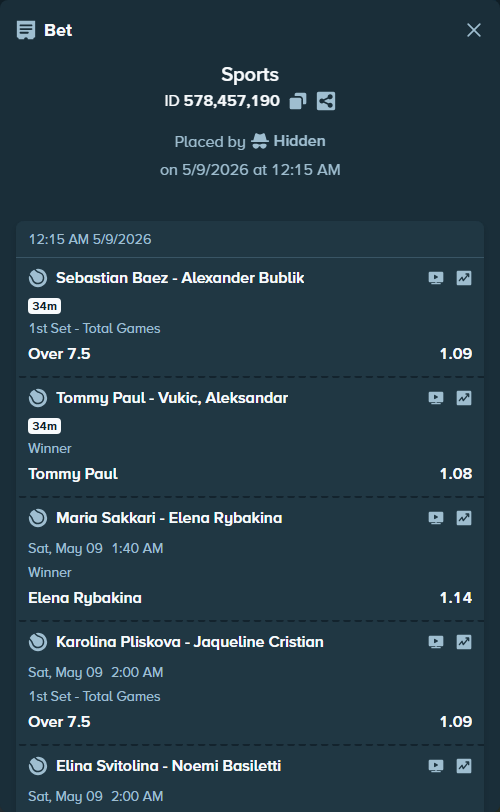 Bet slip: Karolina Pliskova - Jaqueline Cristian, $178,671.79 stake at 1.09 odds, placed by Hidden