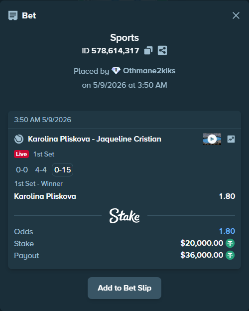 Bet slip: Karolina Pliskova - Jaqueline Cristian, $20,000.00 stake at 1.80 odds, placed by Othmane2kiks