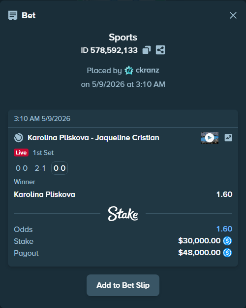Bet slip: Karolina Pliskova - Jaqueline Cristian, $30,000.00 stake at 1.60 odds, placed by ckranz