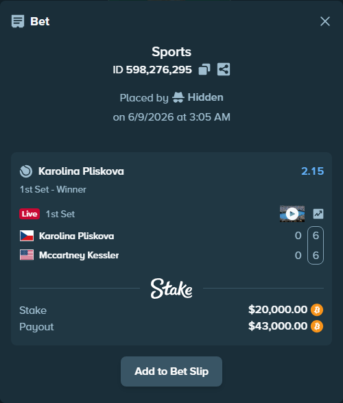 Bet slip: Karolina Pliskova - Mccartney Kessler, $20,263.95 stake at 2.15 odds, placed by Hidden