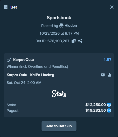 Bet slip: Karpat Oulu - KalPa Hockey, $12,250.00 stake at 1.57 odds, placed by Hidden