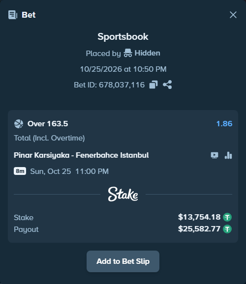 Bet slip: Karsiyaka Basket - Fenerbahce Istanbul, $13,767.93 stake at 1.86 odds, placed by Theketkitkitty