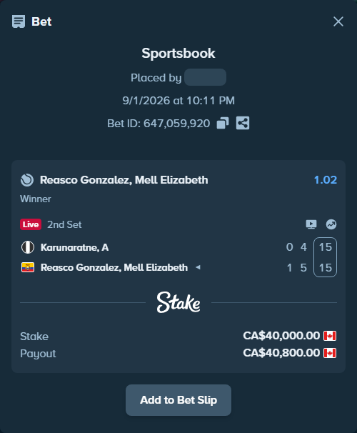 Bet slip: Karunaratne, A - Reasco Gonzalez, Mell Elizabeth, $29,600.00 stake at 1.02 odds, placed by Zach0919
