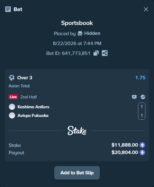 Bet slip: Kashima Antlers - Avispa Fukuoka, $11,935.82 stake at 1.75 odds, placed by Hidden