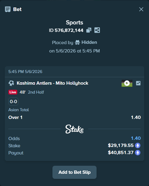Bet slip: Kashima Antlers - Mito Hollyhock, $21,301.21 stake at 1.40 odds, placed by Hidden