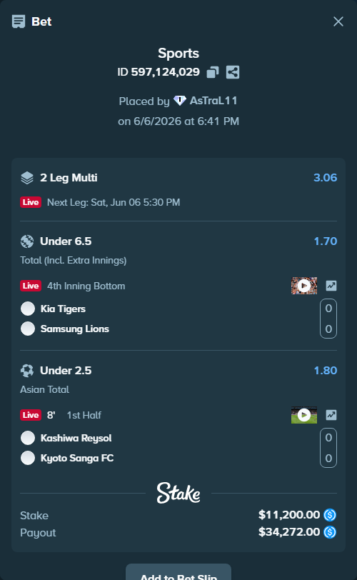 Bet slip: Kashiwa Reysol - Kyoto Sanga FC, $11,200.00 stake at 1.80 odds, placed by AsTraL11