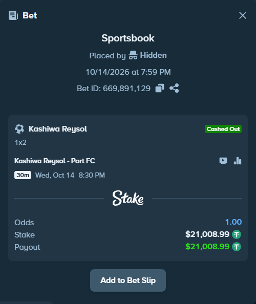 Bet slip: Kashiwa Reysol - Port FC, $21,030.00 stake at 1.14 odds, placed by Hidden